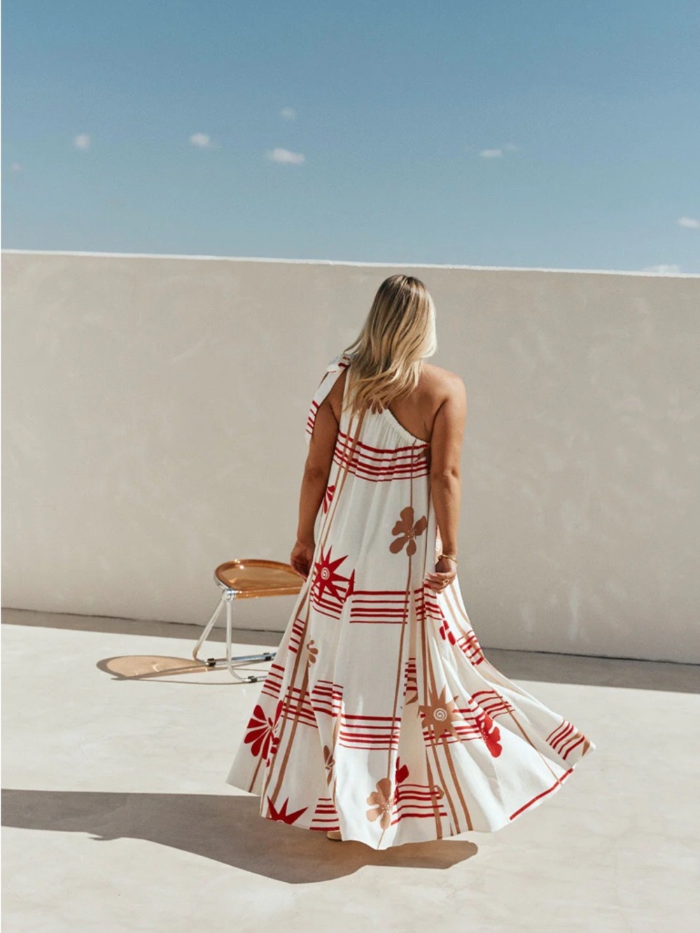 Sabo Skirt One-Shoulder Floral Stripe Avani Maxi Dress - Red & Cream Moana L - Picture 7 of 12